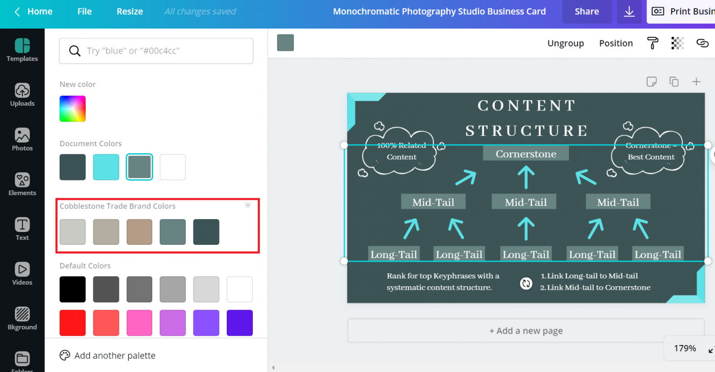 This is a photo of us creating a graphic with canva. It shows the branded color option through canva.