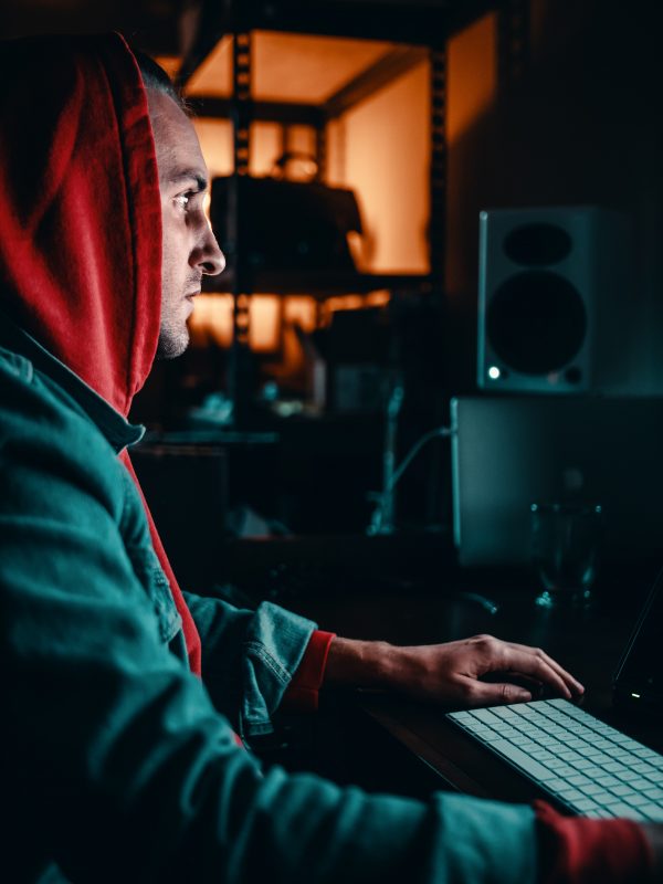 This picture depicts a man committing eCommerce fraud on his computer.